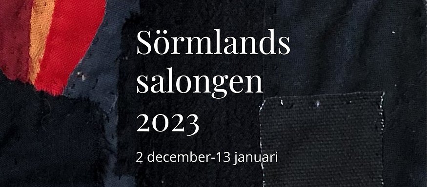 Texten Sörmlandssalongen 2023 2 december-13 januari mot blå bakgrund med streck i brun, orange och röd
