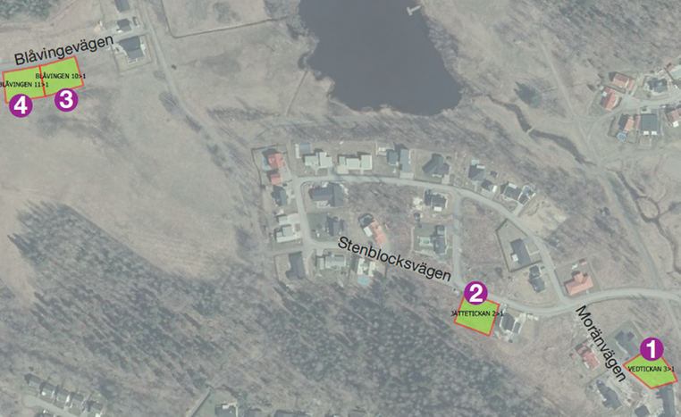 Kartbild som visar vilka lediga tomter som finns vid Djulö backar