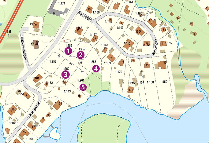 Kartbild som visar vilka lediga tomter som finns vid Djulö backar