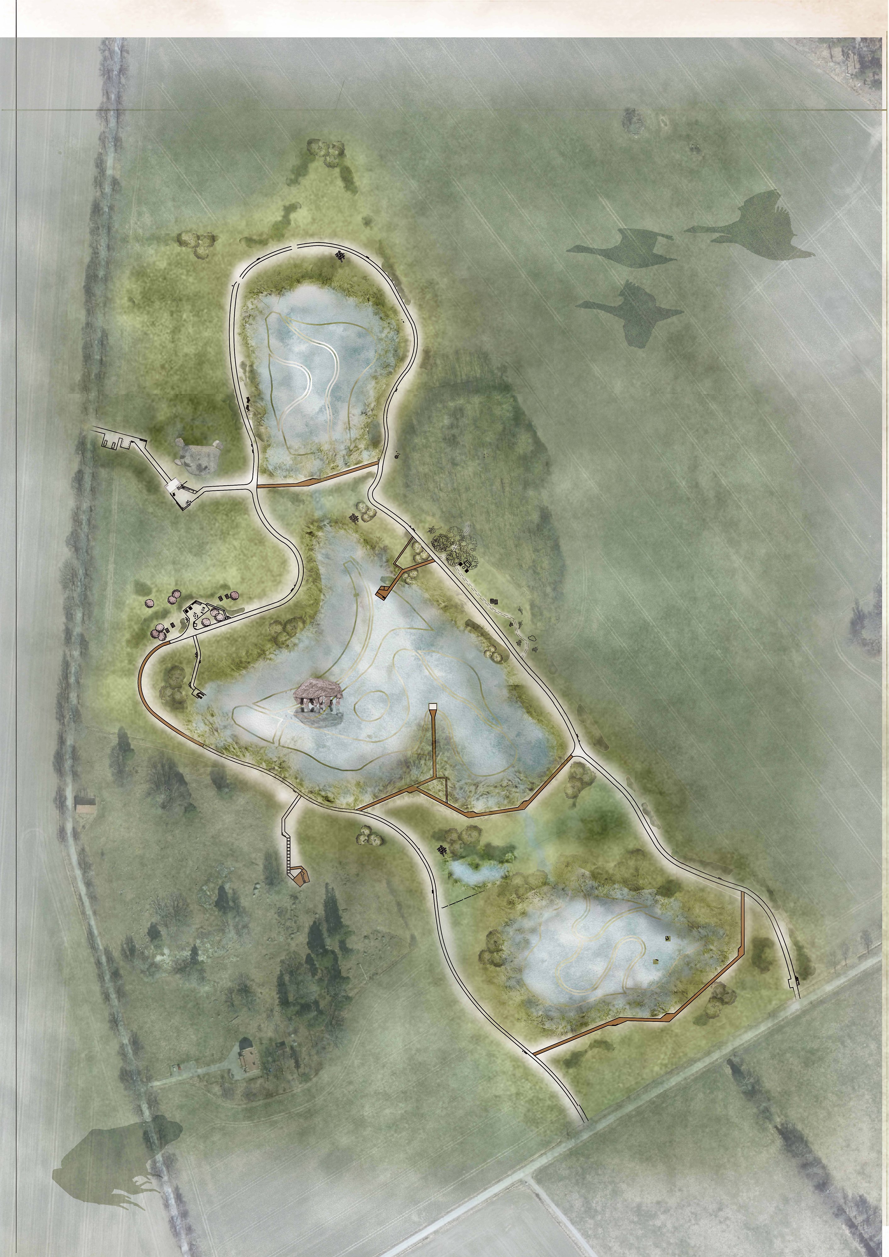 Illustrationsplan över hur området för Djulö Våtmark kommer att se ut med dammar, spångar och stigar.
